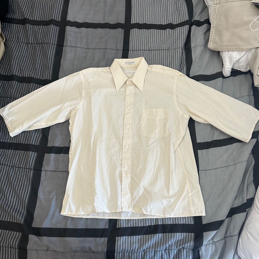 Vintage Christian Dior Monsieur 3/4 Sleeve Dress Shirt Cream 15.5 USA